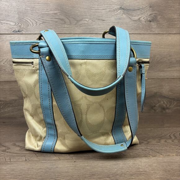 Coach Work Tote Bag K0893-F13103 Khaki Blue Leather Trim Turnlock Front Pocket - Picture 5 of 15